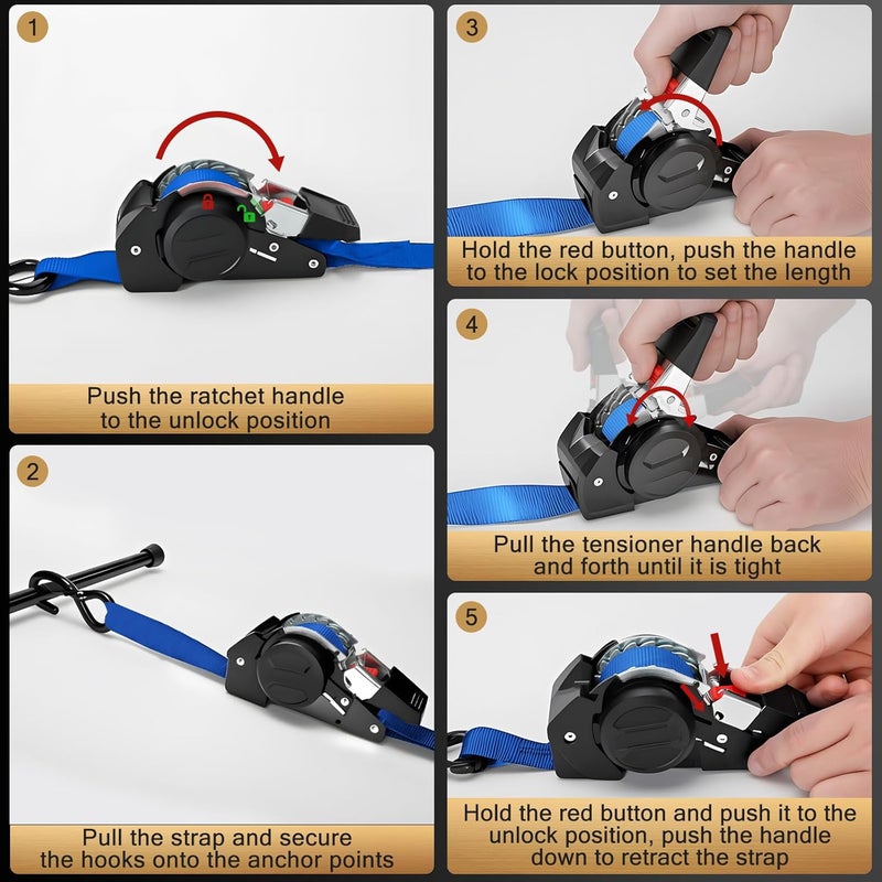 IAZZCO Retractable Ratchet Tie Down Straps - 1 Inch x 10 Feet (1800 LB Break Strength) Heavy Duty Self Retracting Ratchet Straps, for Trucks/ATV/Motorcycle/Cargo/Household(Blue/4 Pack) - Image 4